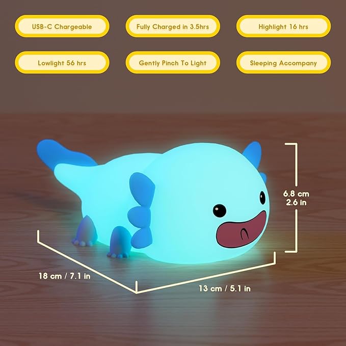 UNEEDE Blue Axolotl Night Light for Kids, Animal Silicone Nursery Night Lamp, Rechargeable Table Lamp, Cute Room Decor Night Light for Bedroom, Living Room, Dining, Desk Decorations, Gift - Bloomnest