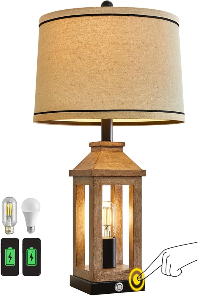 23.75" Farmhouse Table Lamps USB A+C Charging Ports 3-Way Dimmable Touch Control Lamp Nightlight Vintage Modern Lamp for Living Room Bedroom with 2 Light Sources - Bloomnest
