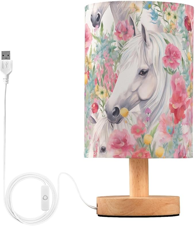 Bedside Lamp White Horse Pink Flower Table Lamp with USB Port Wood Base for Living, 5.12x9.7in/13x24.7cm, 214B3018 - Bloomnest