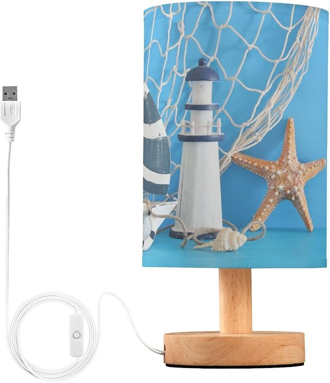 Table Lamp Nautical Sailboat Lighthouse Starfish Seashell Fishnet Blue Wood Nightstand Lamp with Wood Base Fabric Lamp Shade Bedside Desk Lamp for Living Room Bedroom Kids Room Office - Bloomnest