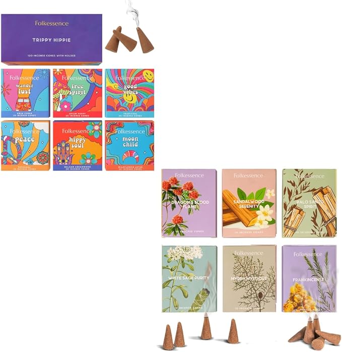 Folkulture Incense Cones Scented | Set of 6 Fragrances (120 Cones) with Holder | Set of 6 (60 Cones) Pack | Palo Santo, Frankincense, White Sage, Sandalwood Inscents FOLKULTURE