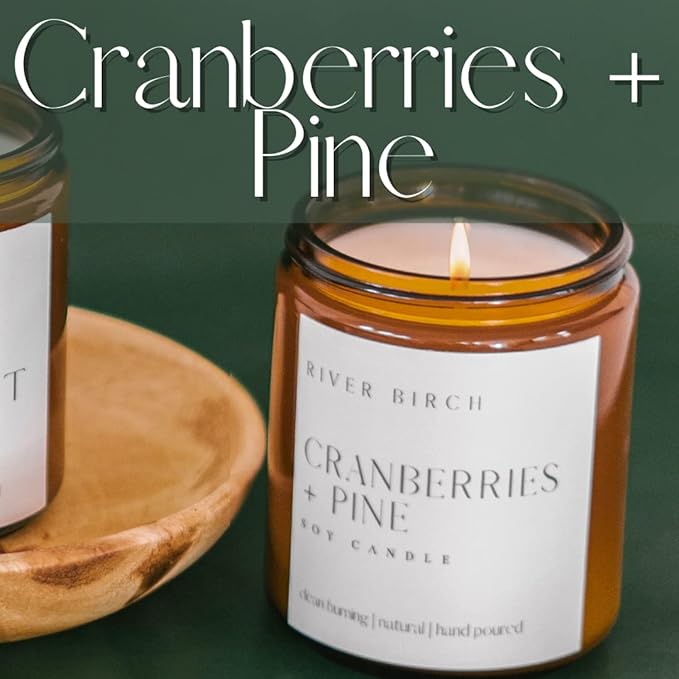 River Birch Candles Cranberries + Pine Scented Candle | Premium, All-Natural, Non-Toxic, Soy Amber Jar Candles | 8.5oz 40 Hr Burn Time | Cozy Relaxing Gifts for Home - Bloomnest