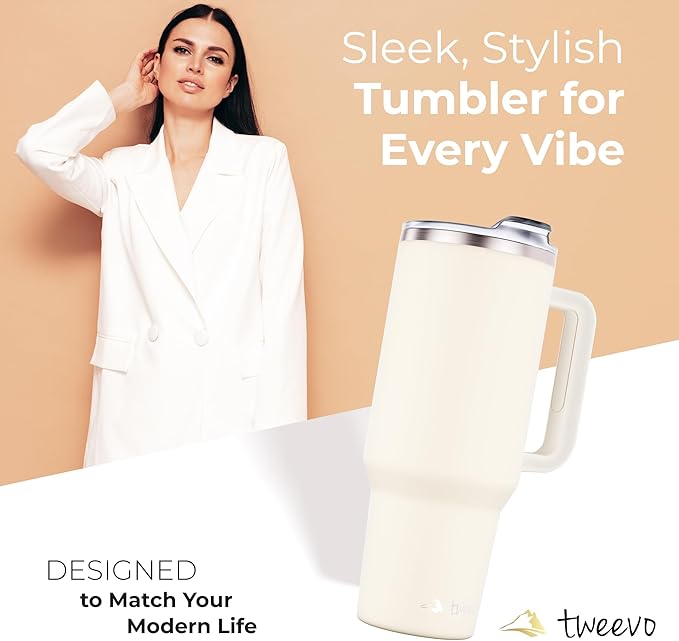 40 oz Tumbler With Handle and Straw Made of Stainless Steel - Double Wall Vacuum Insulated Tumbler With Lid - Sweat Proof Easy Grip, BPA-Free, Dishwasher Safe Tumbler (Cream) - Bloomnest