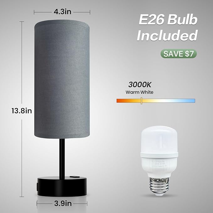 KPQ Small Bedside Lamp Touch Control Table Lamp with USB A+C Charging Ports & AC Outlet 3-Way Dimmable Nightstand Lamp with Linen Fabric Shade for Bedroom Living Room - Bloomnest