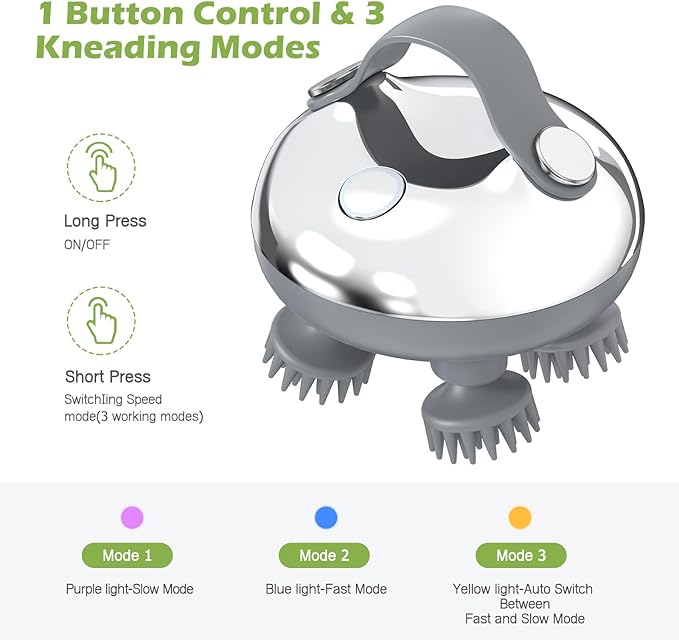 KeeKit Electric Scalp Massager, Portable Head Massager with 8 Removable Heads, 3 Kneading Modes, Handheld Head Scratcher for Relaxation, Hair Growth & Neck/Back Pain Relief, Deep Clean KeeKit