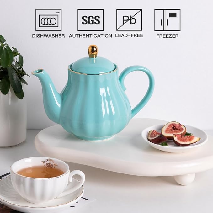 Sweejar Royal Teapot, Ceramic Tea Pot with Removable Stainless Steel Infuser, Blooming & Loose Leaf Teapot - 40 Ounce (Turquoise) - Bloomnest