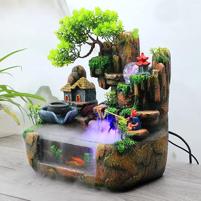 15" LED Desktop Fountain Waterfall Decor, Atomizing Desktop Humidifier w/LED Lights & Atomizer for Office Home Desk Decoration Gift Zen Meditation Resin Rockery Water Fountain Bonsai Bedroom Relax - Bloomnest