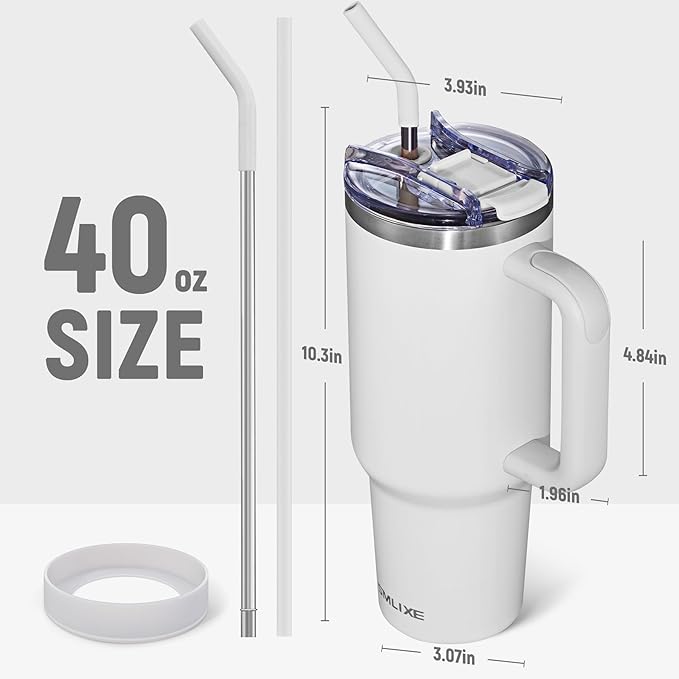 40 oz Tumbler with Handle and Straw Lid,Insulated Reusable Stainless Steel Water Bottle Travel Mug，Cupholder Friendly Double Wall Vacuum Sealed Cup (Cold White) - Bloomnest