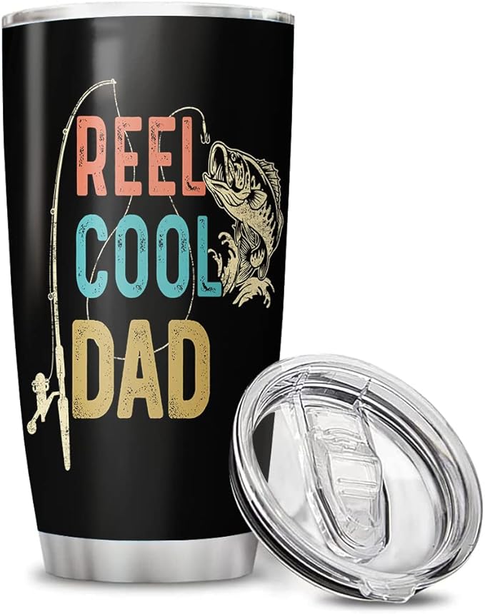 Custom Reel Cool Dad Fishing Papa Grandpa Dad Personalized Tumbler Cup Father's Day Gift, Gift For Dad, Father, Papa, Grandpa 20oz Insulated Coffee/Tea Tumbler with Lid - Bloomnest