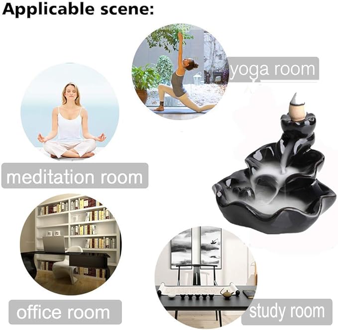 Waterfall Incense Burner, Lotus Backflow Incense Holder Ceramic Censer Cones Sticks Porcelain Holder with 10 Free Mixed Aromatherapy Cones