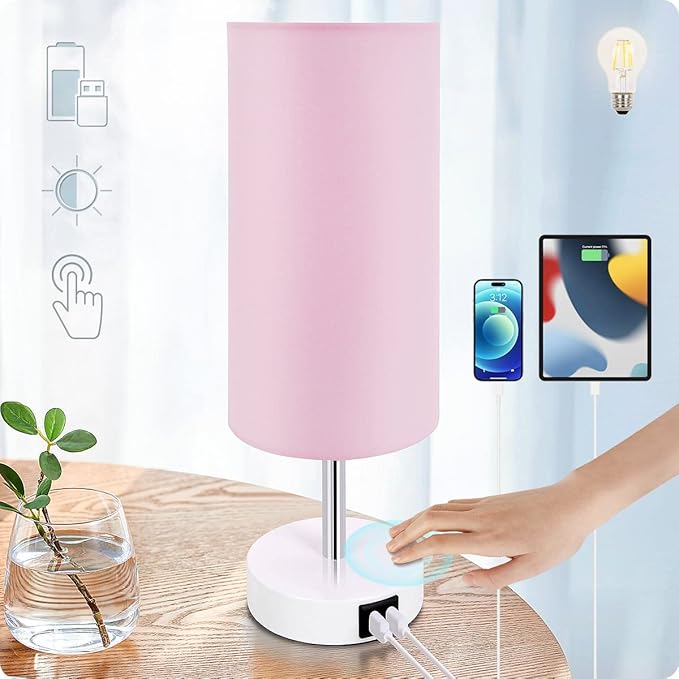 Yarra-Decor Desk Lamp with USB Port, Touch Control Desk Lamp with 3 Levels Brightness, Bedside Table Lamp with Round Pink Shade for Bedroom, Living Room, Dorm, Home Office - Bloomnest