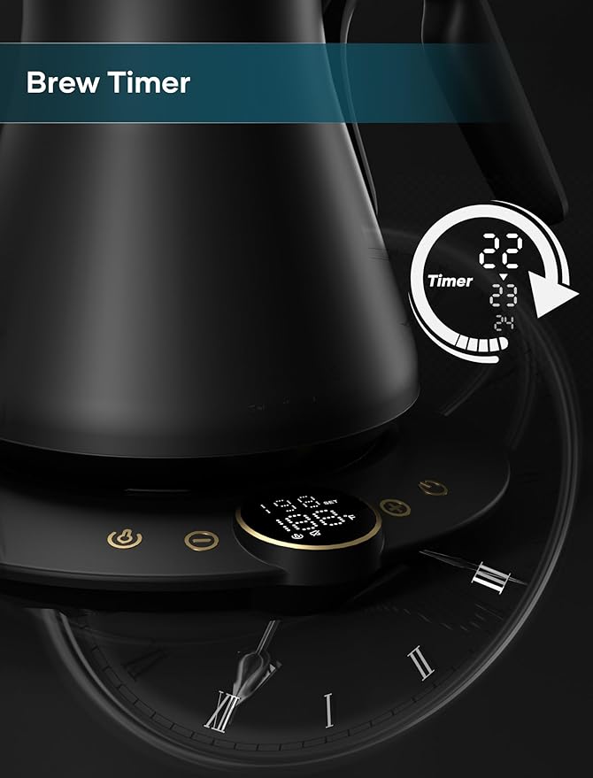 Gooseneck Electric Kettle with ±1℉ Temperature Control for Pour Over Coffee & Tea, Quick Heating, BPA-Free Stainless Steel, Built-in Brew Timer, 1500W/0.9L (Ebony Black) - Bloomnest