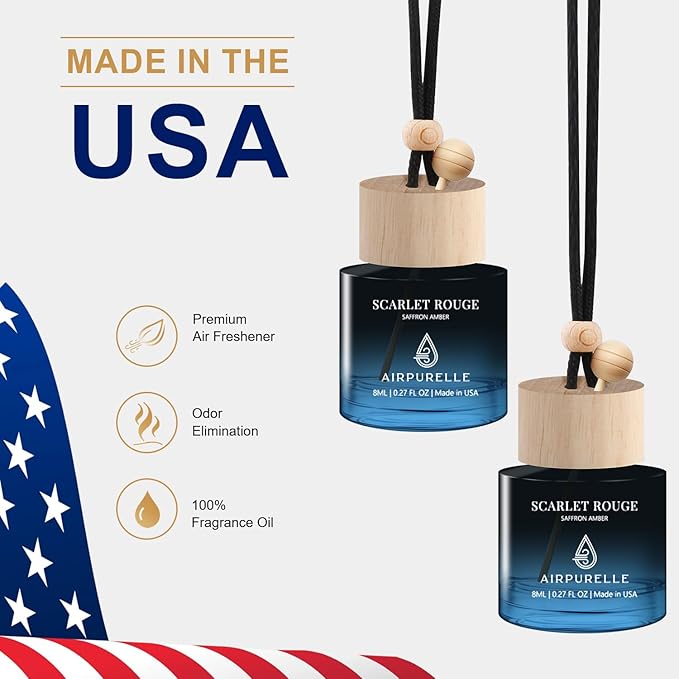 Car Air Freshener Hanging 2 Pack Car Air Fresheners Diffuser - Saffron Amber Fragrance Oil Air Diffuser for Car, 45+ days Long Lasting Fragrance, Two 0.27 FL OZ/8ML Made in USA Car Air Fresheners - Bloomnest