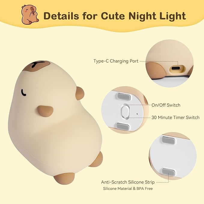 Cute Capybara Night Light for Kids, 3-Level Dimmable Nursery Nightlight, Silicone Squishy Light Up Gifts, Rechargeable Bedside Touch Lamp for Breastfeeding Toddler Baby Kids Decor - Bloomnest