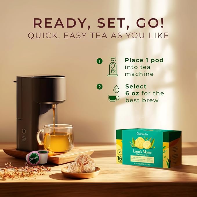 Gya Tea Co Lion's Mane Mushroom Tea Gift Set (16 Count) - Decaf Tea Pod for Lovers Get Well Gifts - Manually Harvested - Enjoy Hot or Iced - Bloomnest