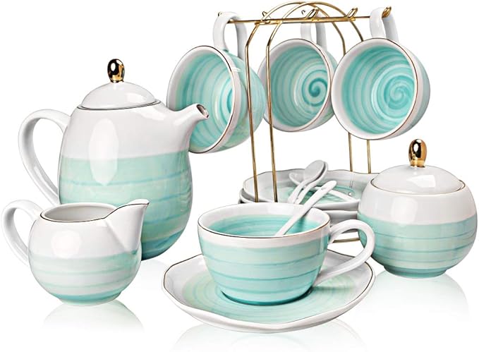 Sweejar Porcelain Tea Set, 8 OZ Capacity, Modern Style, Blue Color, Nature Pattern, 16 Piece Tea Service for 4, Includes Teapot, Sugar Bowl, Cream Pitcher, Teaspoons and Tea Strainer - Bloomnest