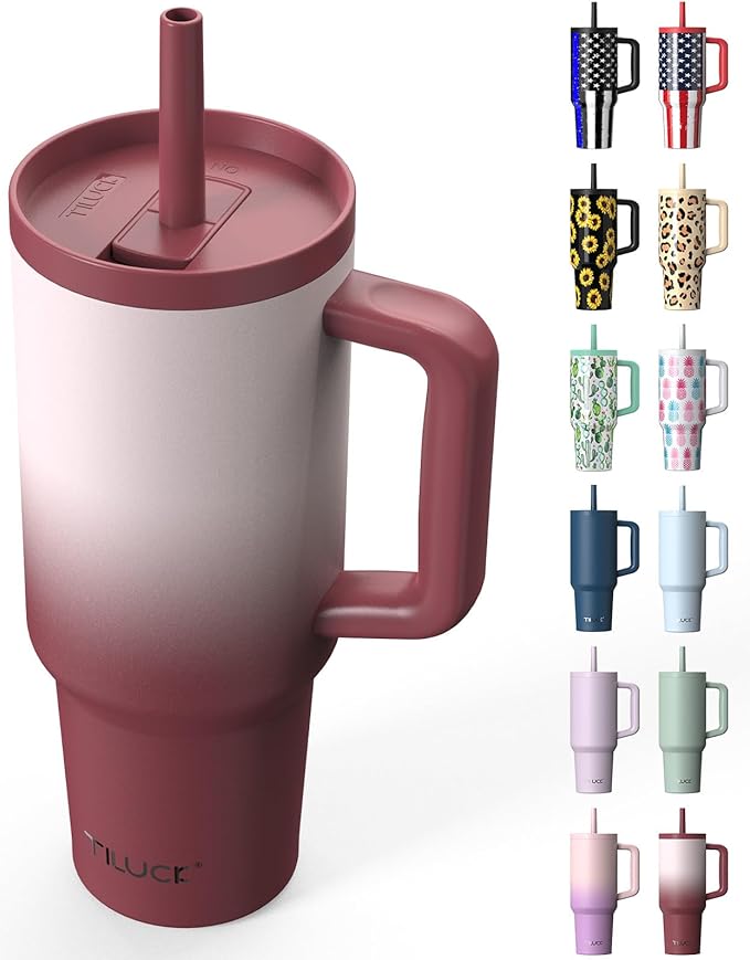 TILUCK 40 oz Tumbler with Handle, Vacuum Insulated Stainless Steel Travel Mug with 100% Leak-Proof Silicone Straw Lid, Cupholder Friendly Water Bottle(BurgundyGradient, 40oz)