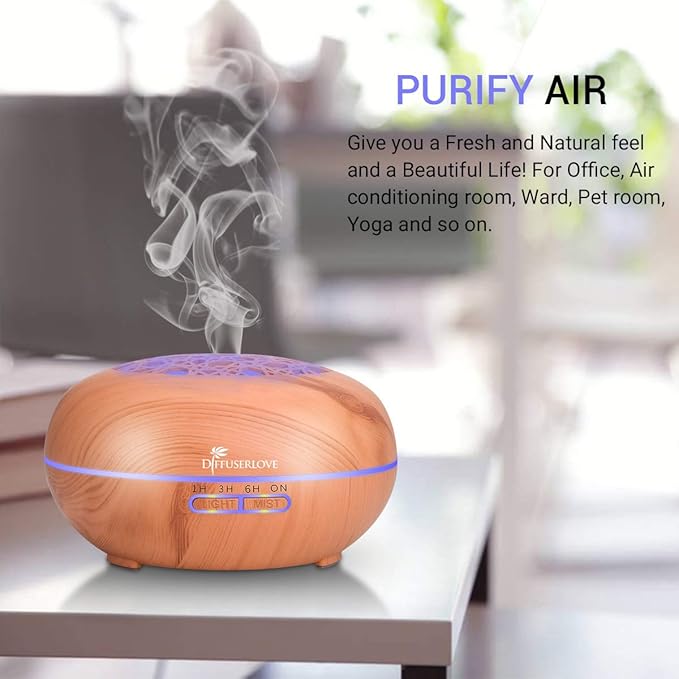 Diffuserlove Essential Oil Diffuser 550ML Diffuser Remote Control Wood Grain Aroma Diffuser Cool Mist Humidifier with 4 Timer, 7 Color LED Lights, Auto Shut-Off for Home Bedroom Office - Bloomnest