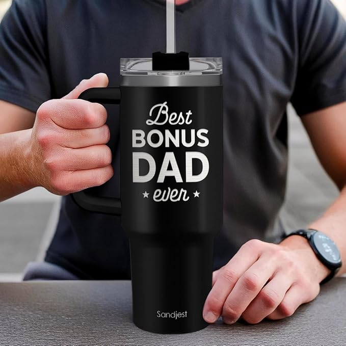 SANDJEST Bonus Dad Tumbler Gift from Step Daughter Son, 40oz Stainless Steel Insulated Coffee Tumbler With Lid & Straw, Travel Cup Gift for Step Dad Men, Christmas Birthday Father's Day - Bloomnest