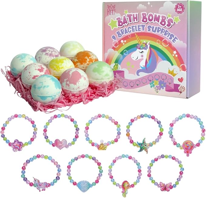 KAV Girls Bath Bombs Set of 9 — Surprise Bracelet Bath Bombs for Kids & Tweens, Fizzy Colorful Bath Fizzies with Collectible Bracelet Inside, Kid-Safe Scents & Moisturizing Oils — Party Favors & Gifts