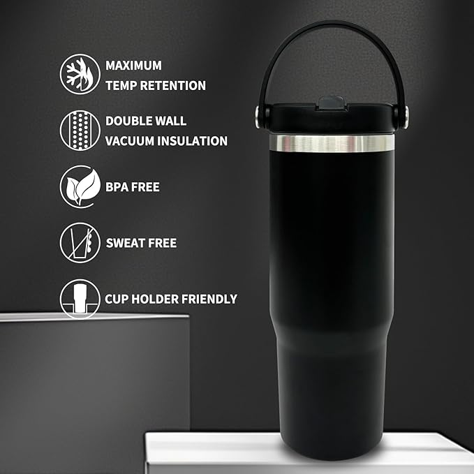30 oz Tumbler with Top Handle, Double Wall Vacuum Insulated Tumbler with Flip Straw, Travel Coffee Mug 30oz Powder Coated Cup for Laser Engraving (Black,1 pack)