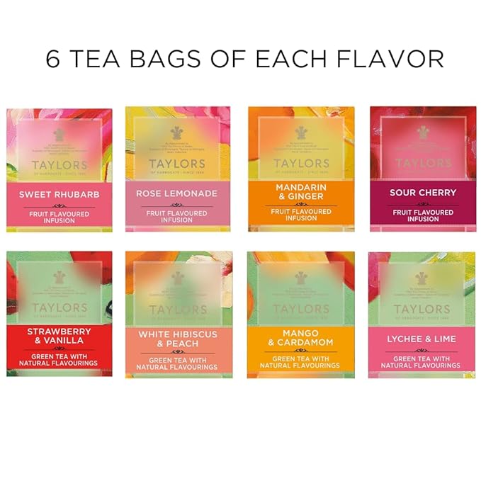 Taylors of Harrogate Assorted Green & Herbal Teas Sampler, Variety Pack Gift Box, Individually Wrapped Bags, 48 Count (Pack of 1), Premium Green & Herbal Teas, Mixed Caffeinated & Caffeine-Free Selection, 48 Teabags