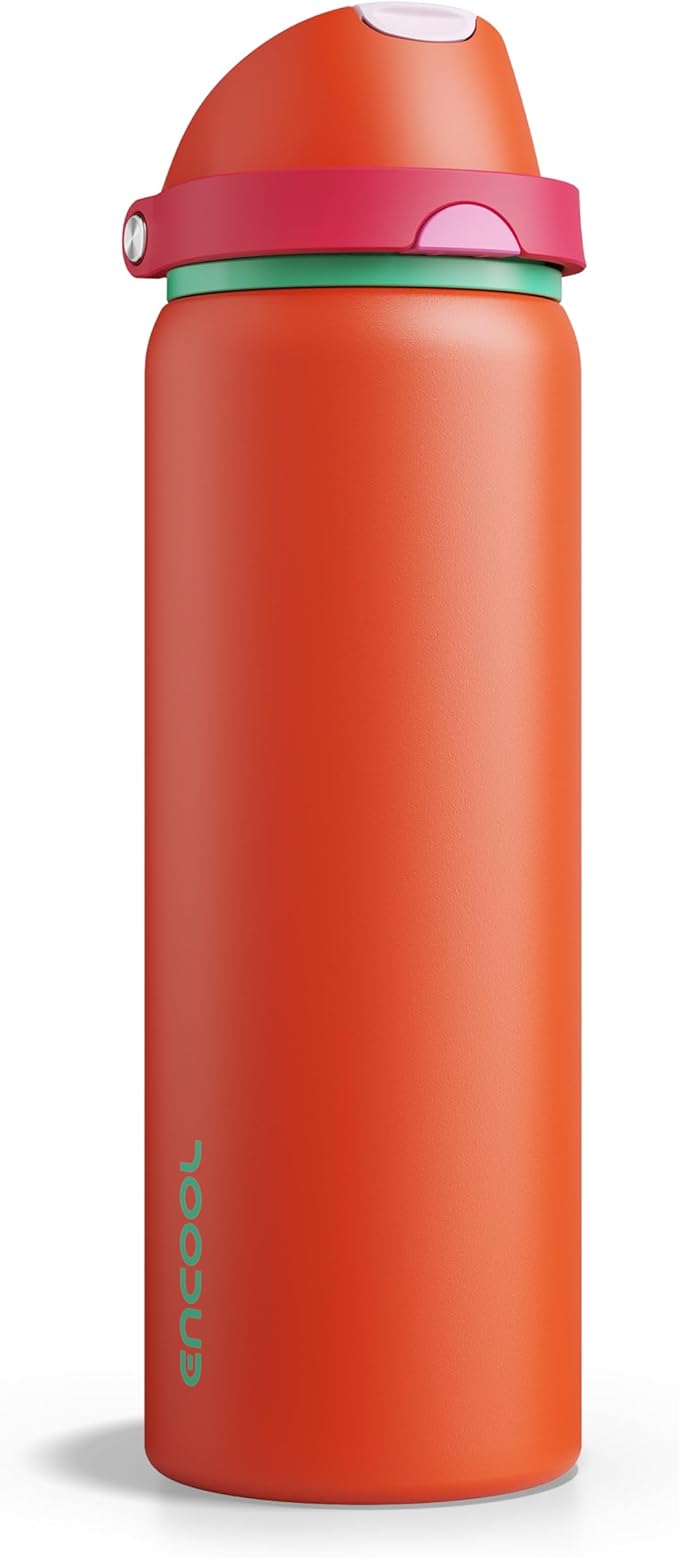 Insulated Water Bottle with Straw - Encool Stainless Steel Water Bottle with Push Button Lid, Leak-Proof & BPA-Free, Keeps Cold for 24 Hours for Sports, Travel, Gym (32 oz, Grapefruit Red) ENCOOL