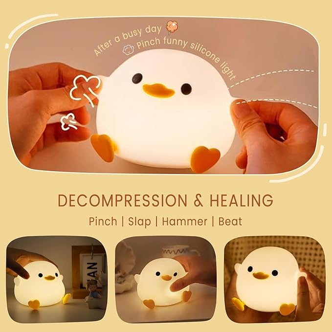 Duck Lamp, Cute Pea Duck Night Light, 2 Levels Dimmable Ducky Night Lamp, LED Squishy Animal Light for Kids Sleep, Rechargeable Bedside Touch Silicone Lamp, Unique Dorm Decor Gift Toy - Bloomnest