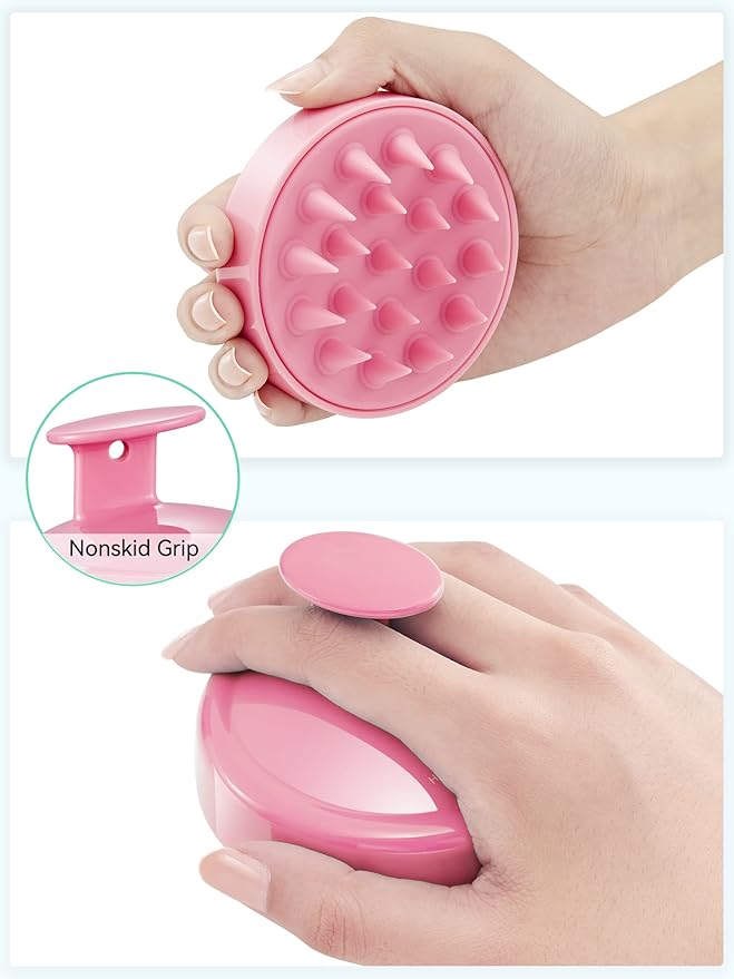 HEETA Scalp Massager Hair Growth, Soft Silicone Scalp Scrubber Shampoo Brush for Exfoliation, Dandruff Removal Head Massage Stress Relax, Wet & Dry Use for Thick Thin Curly Hair Care, Cherry Pink HEETA