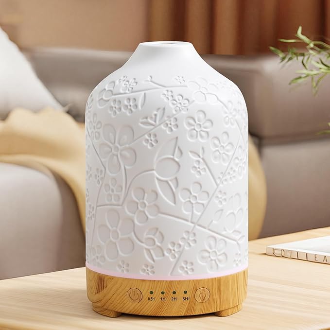 Aromatherapy Essential Oil Diffuser 150ml Ceramic Ultrasonic Aroma Oil Diffuser Humidifier Whisper Quiet Timer Setting 7 LED Colors Changing Lights for Home Office (Cherry Blossom) - Bloomnest