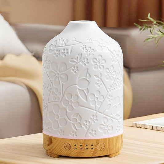 Aromatherapy Essential Oil Diffuser 150ml Ceramic Ultrasonic Aroma Oil Diffuser Humidifier Whisper Quiet Timer Setting 7 LED Colors Changing Lights for Home Office (Cherry Blossom) - Bloomnest