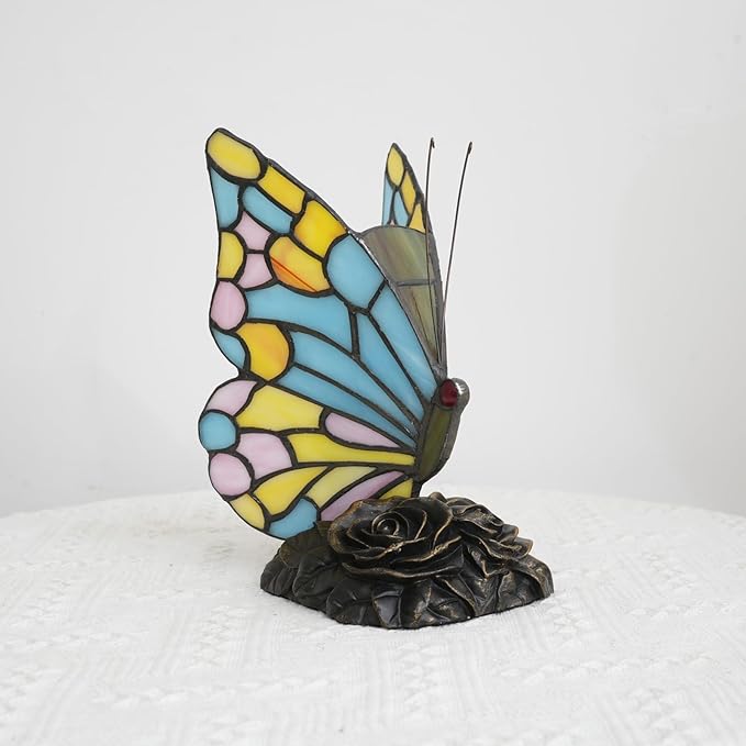 Small Tiffany Butterfly Table Lamp for Girls Bedroom Kids Bedside Desk Light Sky Blue Yellow and Pink Stained Glass Lamp Vintage Unique Style Decor Nightstand Accent Night Light Office Mothers Gifts - Bloomnest