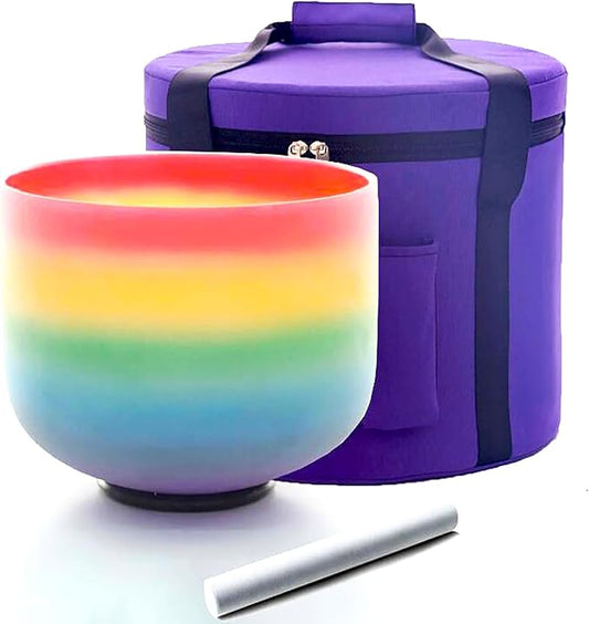 Singing Bowl 8 inch C Note 432hz Rainbow Color Root Chakra Colored Quartz Frosted Crystal Meditation Bowl Yoga Music Instrument with Carrying Case Suede Mallet O-ring - Bloomnest