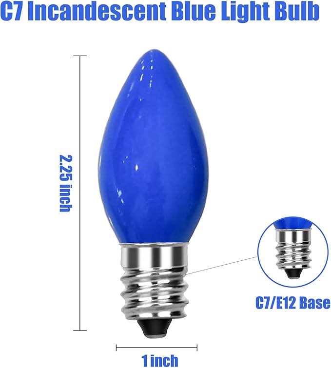 SUNSGNE C7 Blue Christmas Incandescent Light Bulbs, 5 Watt E12 Candelabra Base - Great for Patio, Night Lights, Chandelier Light Bulbs, Candelabra Bulbs, Christmas Decoration, Pack of 25 - Bloomnest