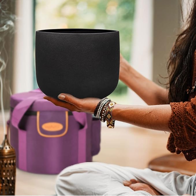 TOPFUND Black G# Note Crystal Singing Bowl Zeal Chakra 8" with Heavy Duty Carrying Case and Suede Mallet