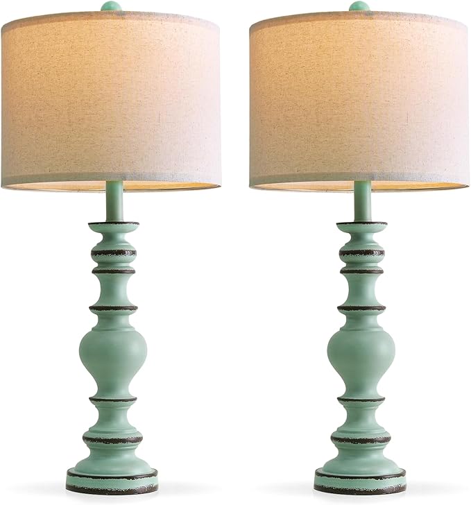 BOBOMOMO 27" Distressed Teal Table Lamps Set of 2, Large Coastal Farmhouse Resin Lamps with Linen Shades, Blue Green Lamps for Living Room, Bedroom, or Console Table Home Décor - Bloomnest