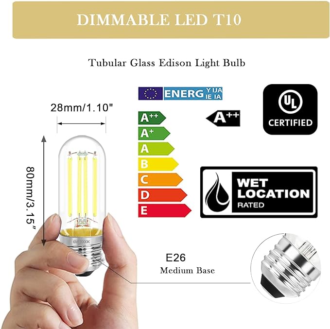 3.2 Inch 5000K Daylight White E26 LED Bulb 60 Watt Equal, AC 120V 600LM Edison Bulbs Dimmable, 6W T10 T30 Filament Light Bulbs Clear Glass for Fan Pendant Wall Light, UL Listed-4 Pack - Bloomnest