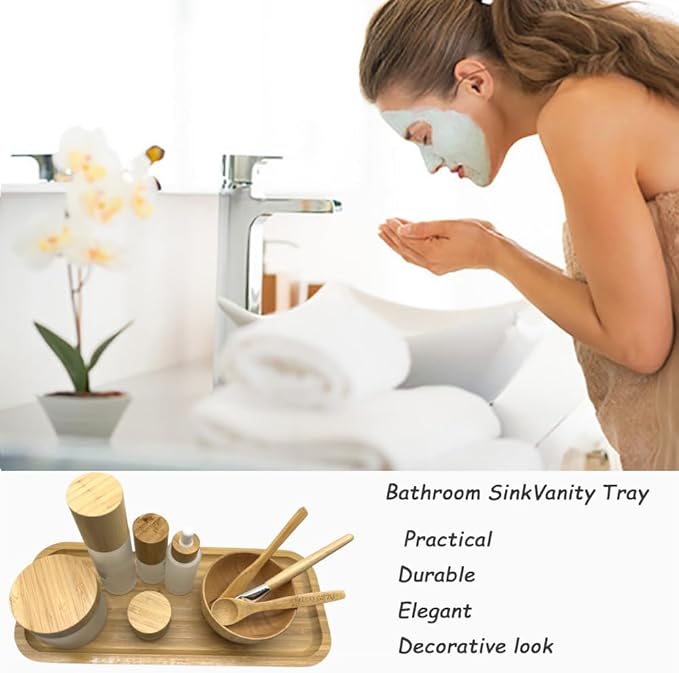 Wood Vanity Tray, Bathroom Counter Solid Bamboo Organizer, Toilet Tank Top Wooden Serving Plate for Dinner Tea Coffee (Natural Bamboo Color, 14 x 5.9 inch) - Bloomnest