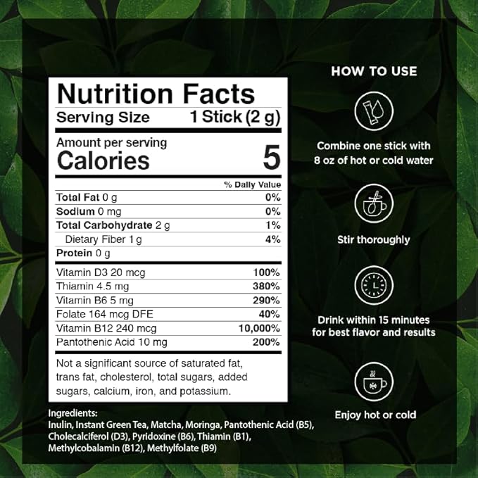 VitaCup Green Tea Instant Packets, Enhance Energy & Detox with Matcha, Moringa, B Vitamins, D3, Fiber, Keto, Paleo, Vegan in Tea Powder Single Serving Sticks, 10 Ct - Bloomnest
