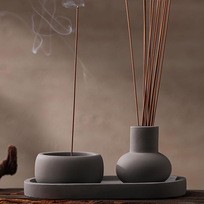 Concrete Incense Burner Set with Holder and Tray,Multifunction Incense Holder for Burning Sage,Palo Santo,Incense Sticks,Ideal for Meditation Home Decor(Grey) - Bloomnest