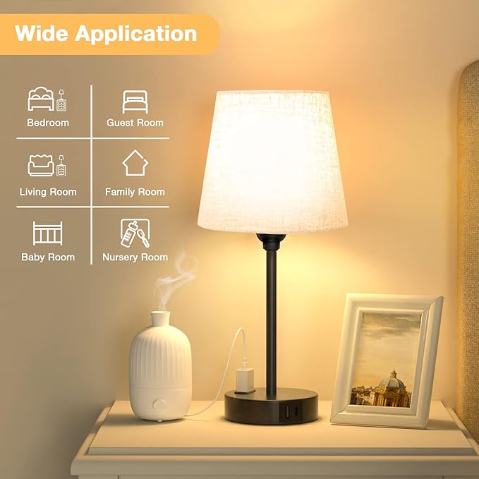 Mini Bedside Lamps for Bedrooms Set of 2 - Nightstand Bedroom Lamps with USB C Port and AC Outlet Charging, Dimmable Touch Small Bed Side Table Lamp, Black Night Stand Light for Kids/Guest Room - Bloomnest