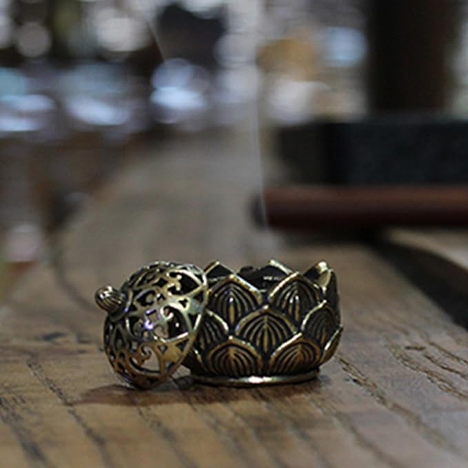 2 Pcs Mini Brass Lotus Flower Incense Holder, Calligraphy Style Closed Incense Burner Desktop Ornament Ash Catcher with Lid for Bedroom Kitchen Teahouse Office Home Decor Yoga Spa Madiation - Bloomnest