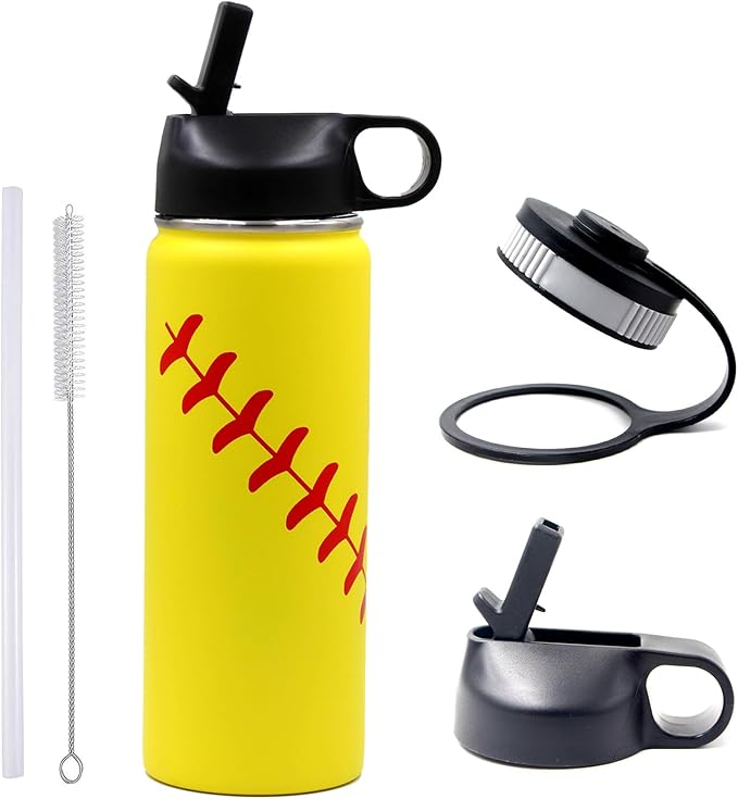 18 oz Softball Water Bottle, Wide Mouth Sports Flask Metal Travel Tumbler with 2 Lids, Stainless Steel Double Wall Vacuum Insulated Leak Proof Thermo Water Bottles, Softball Stuff Gifts for Mom Girls - Bloomnest