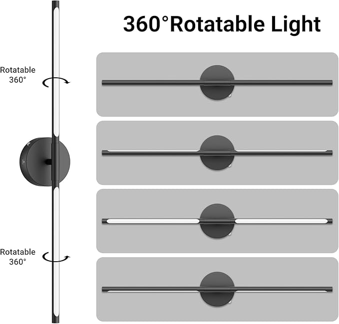 Tipace Battery Operated Wall Sconce with Remote Control,Wall Sconces Set of Two,3000K-6000K LED Wall Light for Bedroom,Hallway,Background Wall,350°Rotate,28 Inch,Black(2 Pack) - Bloomnest