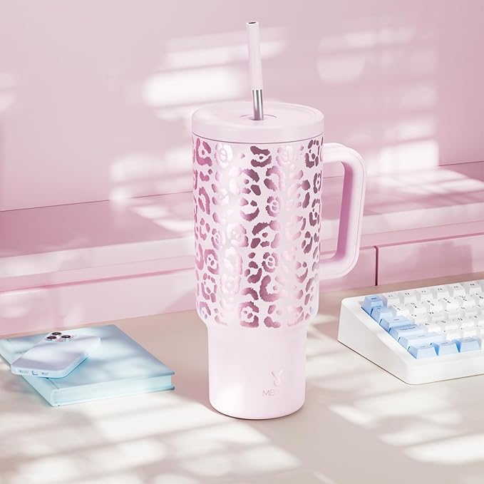 Meoky 40 oz Tumbler with Handle and Straw, Tumbler with Lid and Straw, Insulated Stainless Steel Travel Mug, 100% Leak-proof, Keeps Cold for 34 Hours or Hot for 10 Hours (Pink Leopard) - Bloomnest