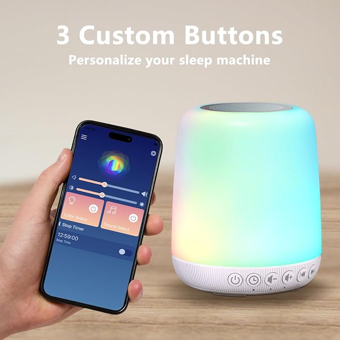 White Noise Sound Machine for Sleep Portable Sound Machine with 30 Soothing Sounds 12 Night Light Colors 4 Timer Sleep Machine for Baby Adults, Smart App Control, Touch Control - Bloomnest