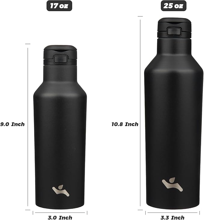 Insulated Water Bottle with Straw,17 OZ Double Wall Vacuum Stainless Steel Water Flask with 2 Lids,Black - Bloomnest