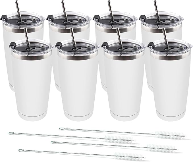 Amtidy 8 Pack 20oz Stainless Steel Tumbler with Lid, Powder Coated Vacuum Insulated Tumbler Cup, With straw and cleaning brushDouble Wall Coffee Tumbler, Powder Coated Travel Mug - Bloomnest