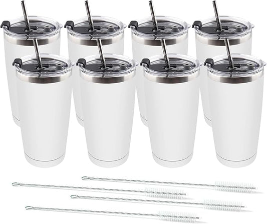 Amtidy 8 Pack 20oz Stainless Steel Tumbler with Lid, Powder Coated Vacuum Insulated Tumbler Cup, With straw and cleaning brushDouble Wall Coffee Tumbler, Powder Coated Travel Mug - Bloomnest