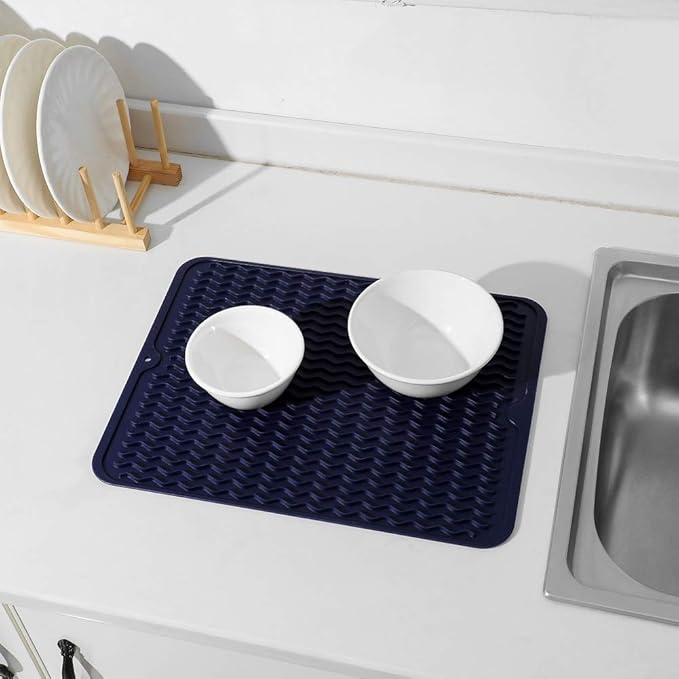 Silicone Dish Drying Mat for Multiple Usage,Easy clean,Eco-friendly,Heat-resistant Silicone Mat for Kitchen Counter or Sink,Refrigerator or drawer liner Navy Blue L 16 inches x 12 inches - Bloomnest